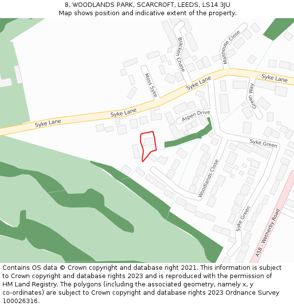 8, WOODLANDS PARK, SCARCROFT, LEEDS, LS14 3JU: Location map and indicative extent of plot