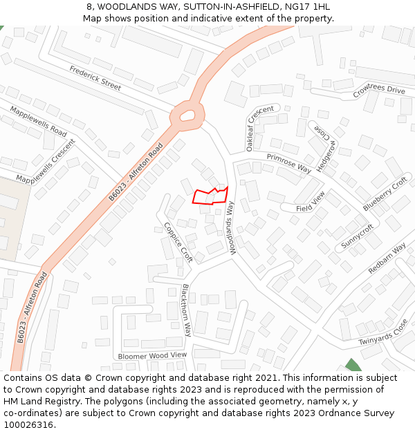 8, WOODLANDS WAY, SUTTON-IN-ASHFIELD, NG17 1HL: Location map and indicative extent of plot