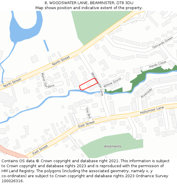 8, WOODSWATER LANE, BEAMINSTER, DT8 3DU: Location map and indicative extent of plot