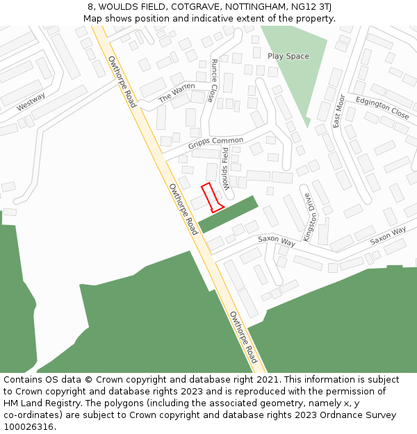 8, WOULDS FIELD, COTGRAVE, NOTTINGHAM, NG12 3TJ: Location map and indicative extent of plot