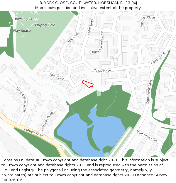 8, YORK CLOSE, SOUTHWATER, HORSHAM, RH13 9XJ: Location map and indicative extent of plot