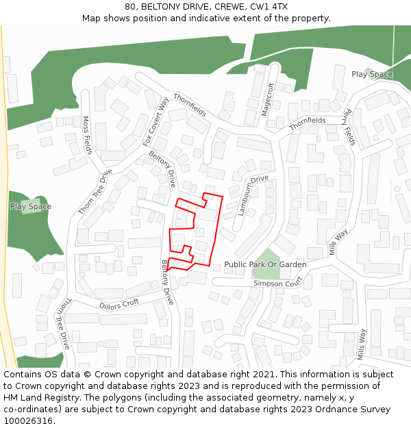 80, BELTONY DRIVE, CREWE, CW1 4TX: Location map and indicative extent of plot