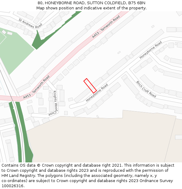 80, HONEYBORNE ROAD, SUTTON COLDFIELD, B75 6BN: Location map and indicative extent of plot