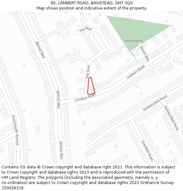 80, LAMBERT ROAD, BANSTEAD, SM7 2QX: Location map and indicative extent of plot