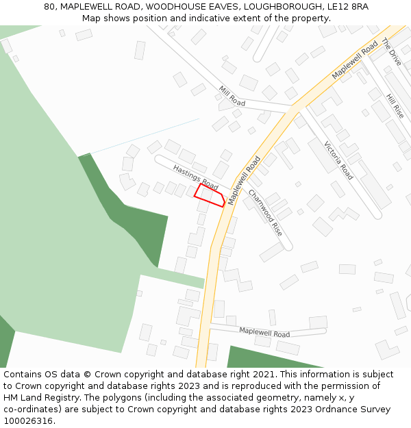 80, MAPLEWELL ROAD, WOODHOUSE EAVES, LOUGHBOROUGH, LE12 8RA: Location map and indicative extent of plot