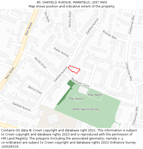 80, OAKFIELD AVENUE, MARKFIELD, LE67 9WG: Location map and indicative extent of plot