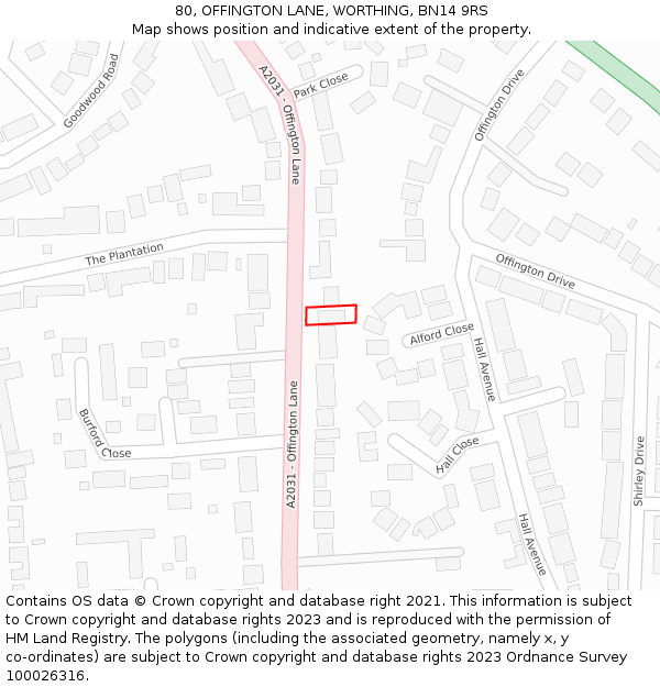 80, OFFINGTON LANE, WORTHING, BN14 9RS: Location map and indicative extent of plot