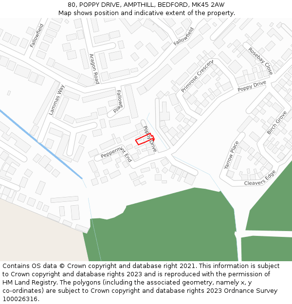 80, POPPY DRIVE, AMPTHILL, BEDFORD, MK45 2AW: Location map and indicative extent of plot