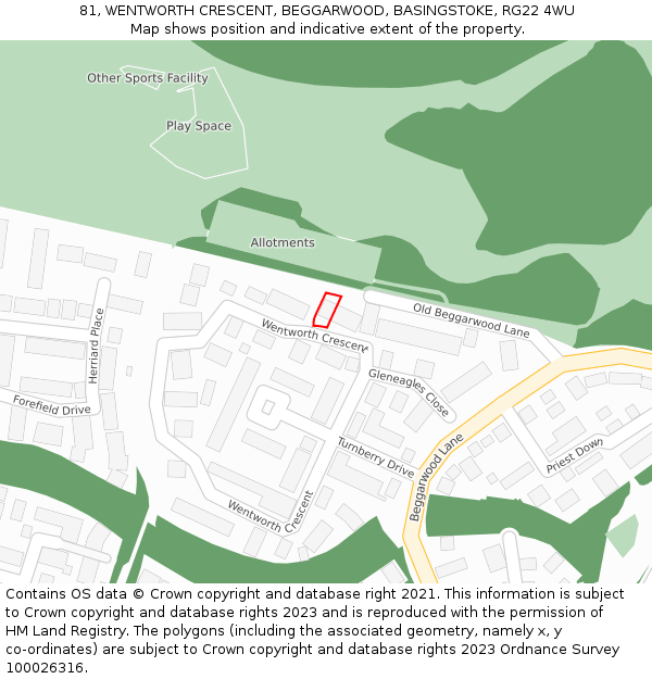 81, WENTWORTH CRESCENT, BEGGARWOOD, BASINGSTOKE, RG22 4WU: Location map and indicative extent of plot