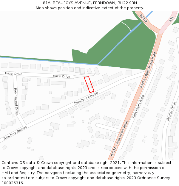 81A, BEAUFOYS AVENUE, FERNDOWN, BH22 9RN: Location map and indicative extent of plot