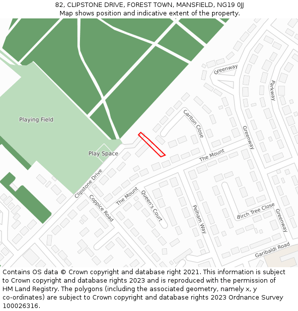 82, CLIPSTONE DRIVE, FOREST TOWN, MANSFIELD, NG19 0JJ: Location map and indicative extent of plot