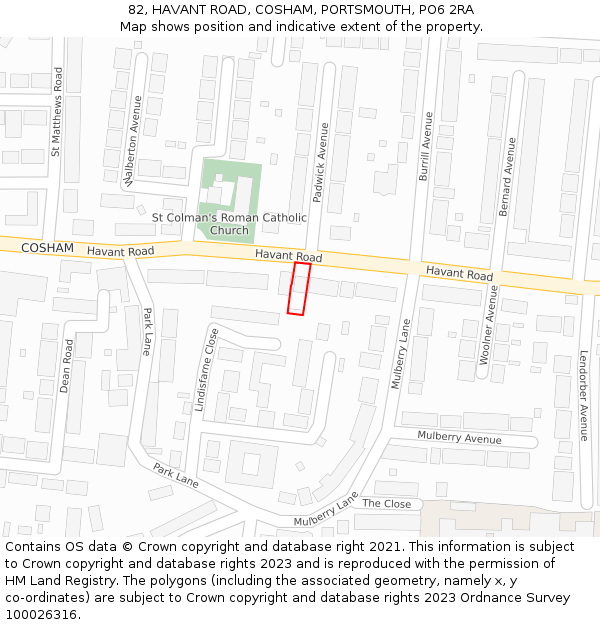 82, HAVANT ROAD, COSHAM, PORTSMOUTH, PO6 2RA: Location map and indicative extent of plot