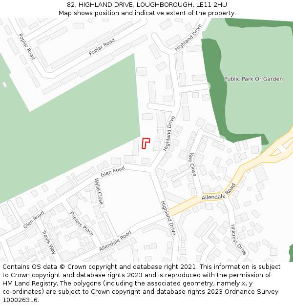 82, HIGHLAND DRIVE, LOUGHBOROUGH, LE11 2HU: Location map and indicative extent of plot