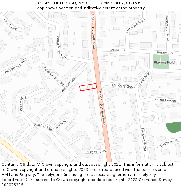 82, MYTCHETT ROAD, MYTCHETT, CAMBERLEY, GU16 6ET: Location map and indicative extent of plot