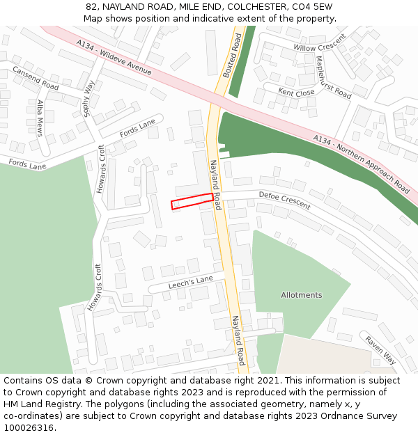 82, NAYLAND ROAD, MILE END, COLCHESTER, CO4 5EW: Location map and indicative extent of plot