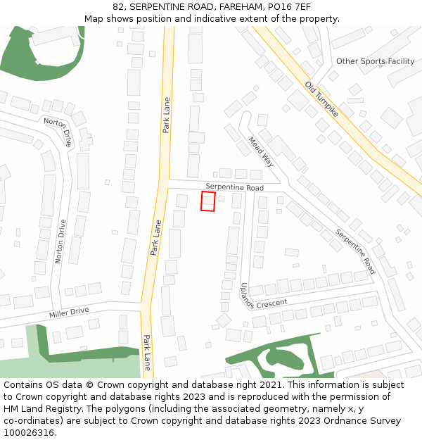 82, SERPENTINE ROAD, FAREHAM, PO16 7EF: Location map and indicative extent of plot