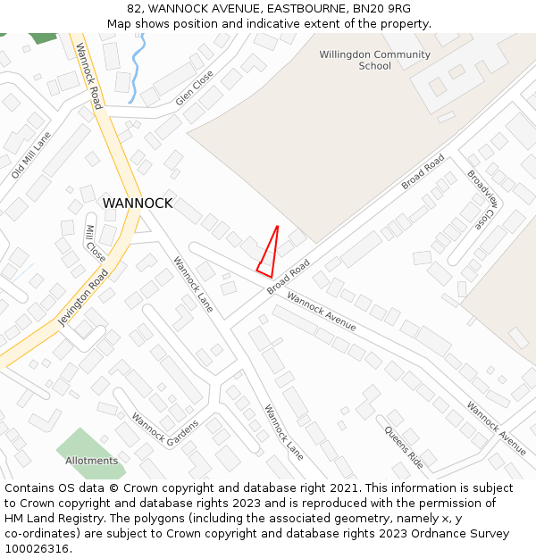 82, WANNOCK AVENUE, EASTBOURNE, BN20 9RG: Location map and indicative extent of plot