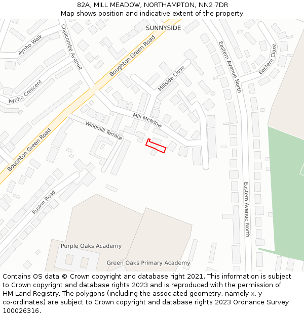 82A, MILL MEADOW, NORTHAMPTON, NN2 7DR: Location map and indicative extent of plot