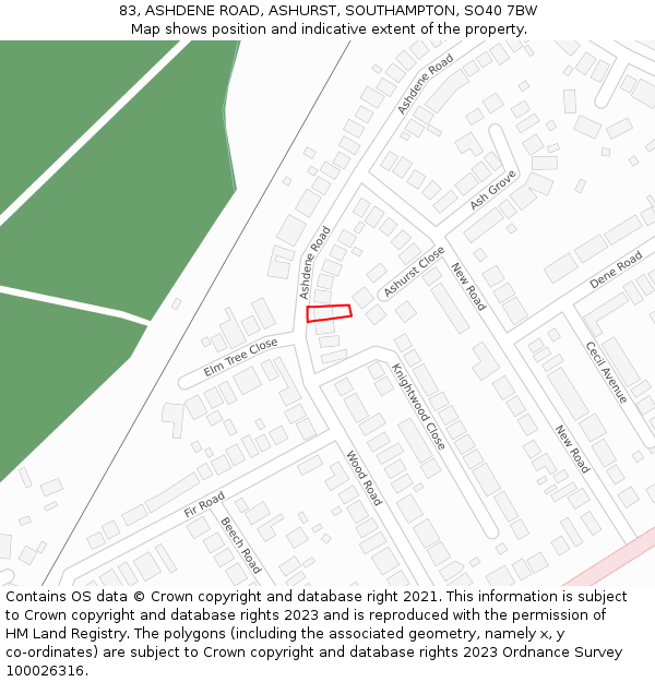 83, ASHDENE ROAD, ASHURST, SOUTHAMPTON, SO40 7BW: Location map and indicative extent of plot