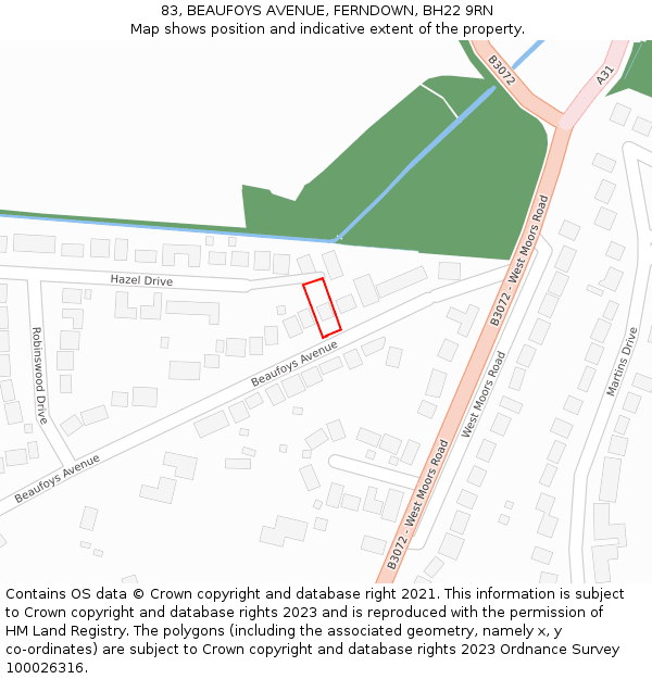 83, BEAUFOYS AVENUE, FERNDOWN, BH22 9RN: Location map and indicative extent of plot