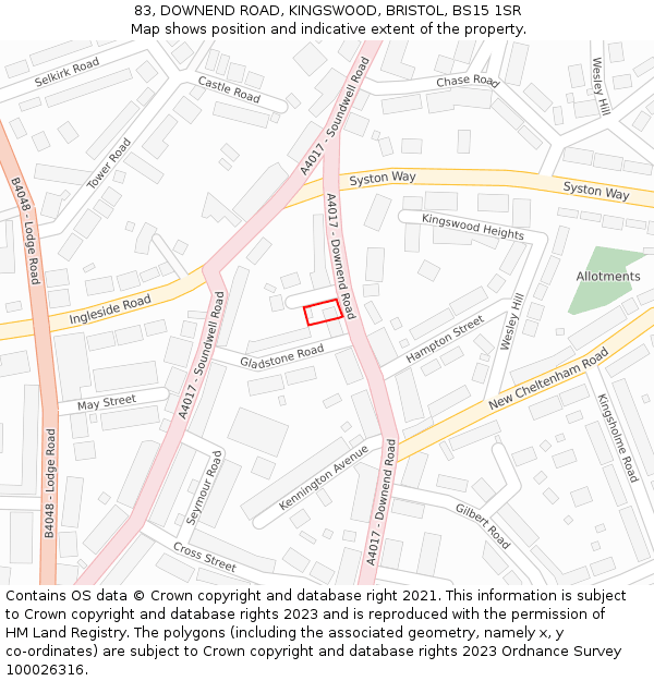 83, DOWNEND ROAD, KINGSWOOD, BRISTOL, BS15 1SR: Location map and indicative extent of plot