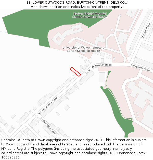 83, LOWER OUTWOODS ROAD, BURTON-ON-TRENT, DE13 0QU: Location map and indicative extent of plot