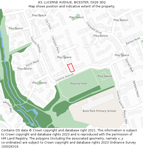 83, LUCERNE AVENUE, BICESTER, OX26 3EQ: Location map and indicative extent of plot