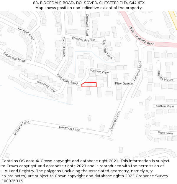 83, RIDGEDALE ROAD, BOLSOVER, CHESTERFIELD, S44 6TX: Location map and indicative extent of plot