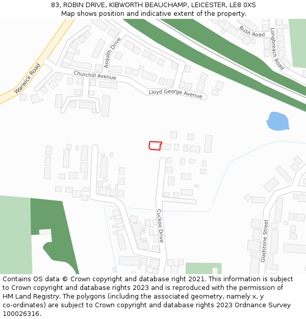 83, ROBIN DRIVE, KIBWORTH BEAUCHAMP, LEICESTER, LE8 0XS: Location map and indicative extent of plot