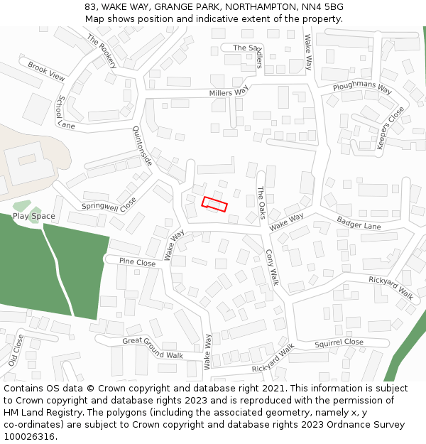 83, WAKE WAY, GRANGE PARK, NORTHAMPTON, NN4 5BG: Location map and indicative extent of plot