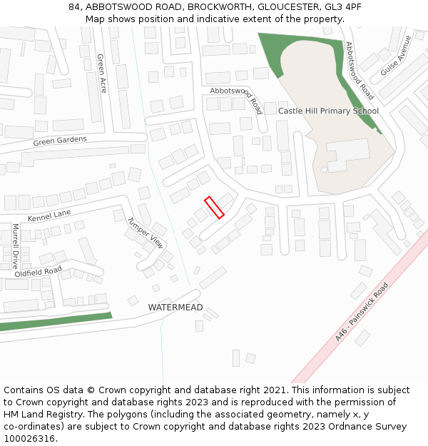 84, ABBOTSWOOD ROAD, BROCKWORTH, GLOUCESTER, GL3 4PF: Location map and indicative extent of plot