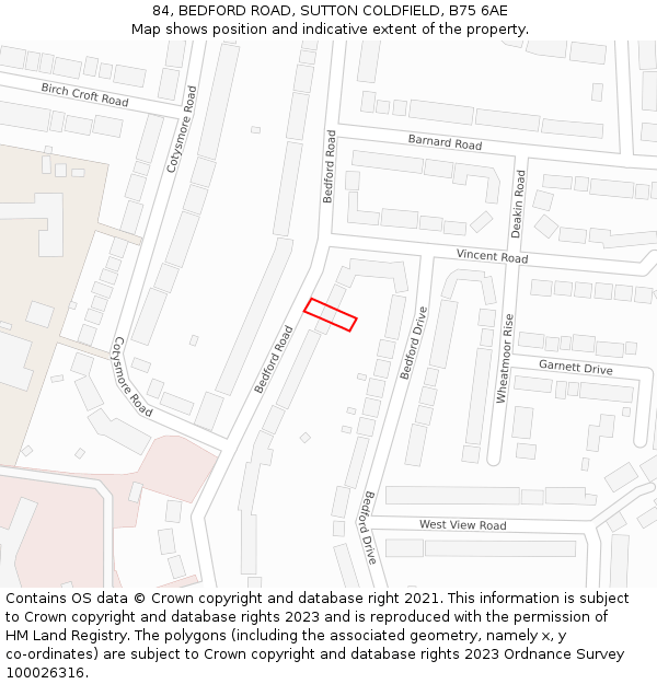 84, BEDFORD ROAD, SUTTON COLDFIELD, B75 6AE: Location map and indicative extent of plot