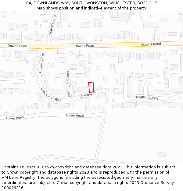 84, DOWNLANDS WAY, SOUTH WONSTON, WINCHESTER, SO21 3HS: Location map and indicative extent of plot