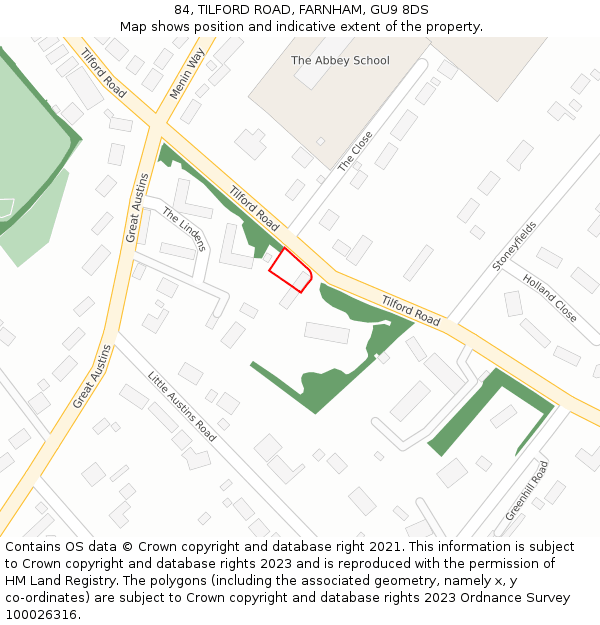 84, TILFORD ROAD, FARNHAM, GU9 8DS: Location map and indicative extent of plot