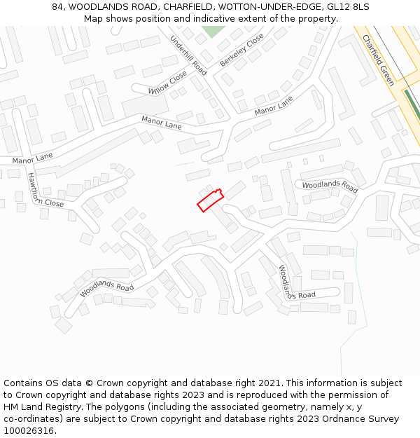 84, WOODLANDS ROAD, CHARFIELD, WOTTON-UNDER-EDGE, GL12 8LS: Location map and indicative extent of plot