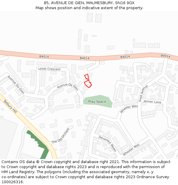 85, AVENUE DE GIEN, MALMESBURY, SN16 9GX: Location map and indicative extent of plot