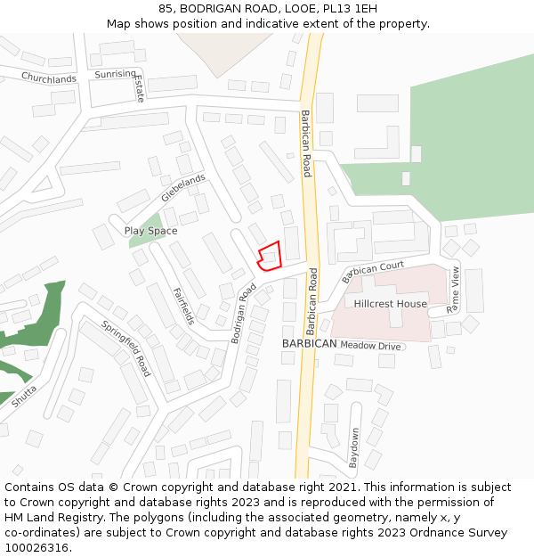 85, BODRIGAN ROAD, LOOE, PL13 1EH: Location map and indicative extent of plot