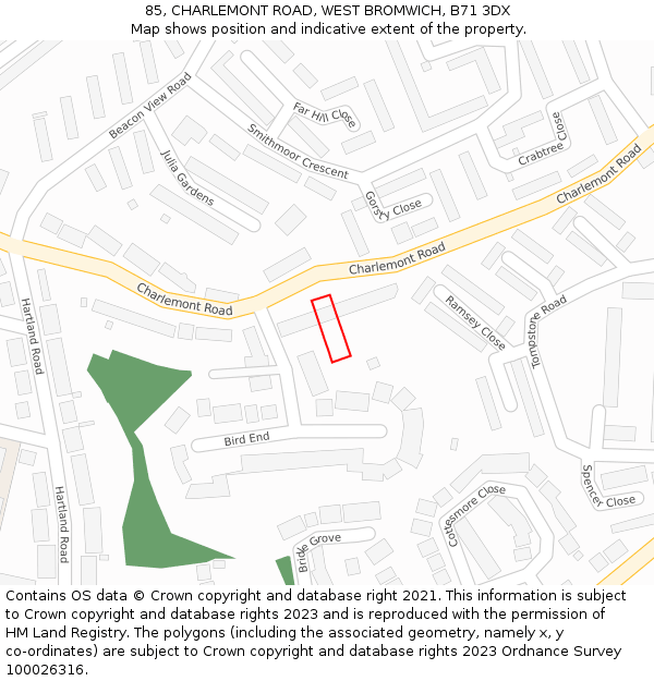 85, CHARLEMONT ROAD, WEST BROMWICH, B71 3DX: Location map and indicative extent of plot