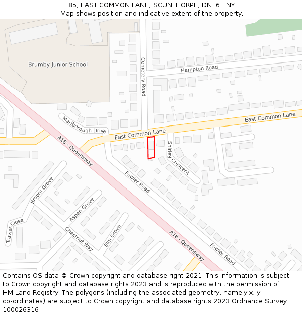 85, EAST COMMON LANE, SCUNTHORPE, DN16 1NY: Location map and indicative extent of plot