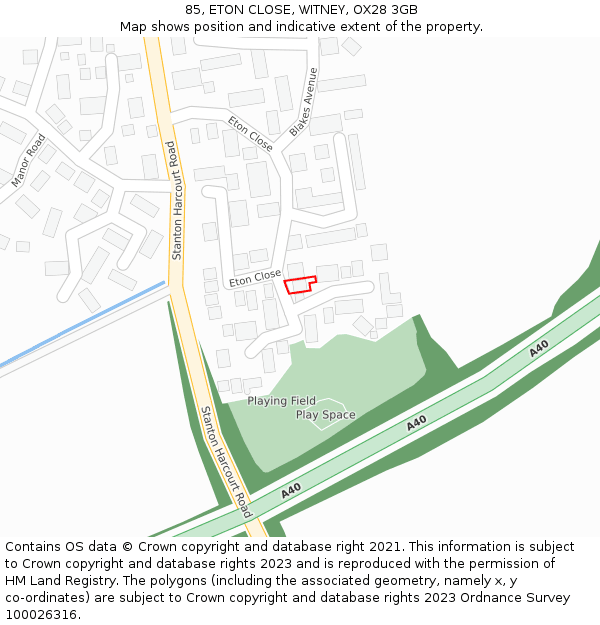 85, ETON CLOSE, WITNEY, OX28 3GB: Location map and indicative extent of plot