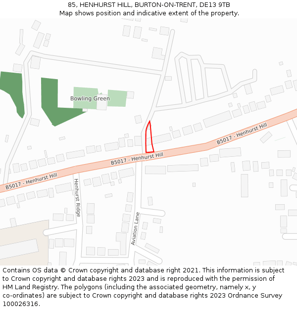 85, HENHURST HILL, BURTON-ON-TRENT, DE13 9TB: Location map and indicative extent of plot