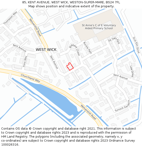 85, KENT AVENUE, WEST WICK, WESTON-SUPER-MARE, BS24 7FL: Location map and indicative extent of plot