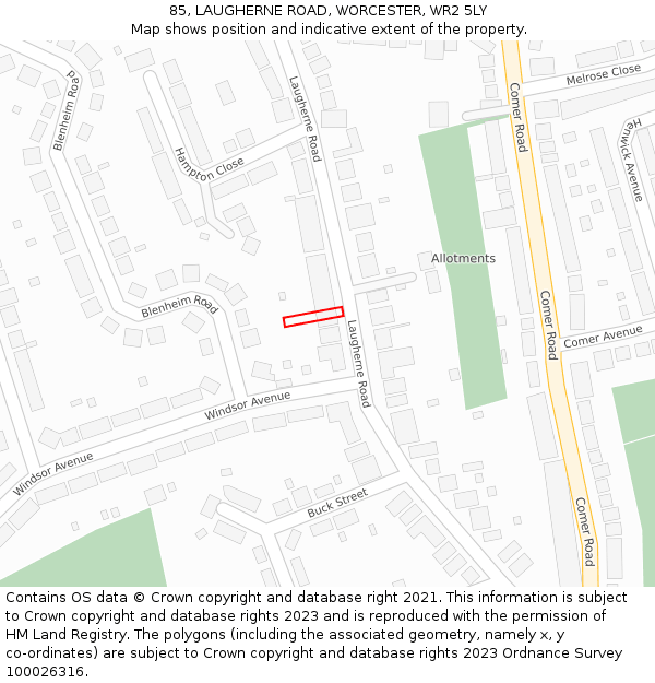 85, LAUGHERNE ROAD, WORCESTER, WR2 5LY: Location map and indicative extent of plot