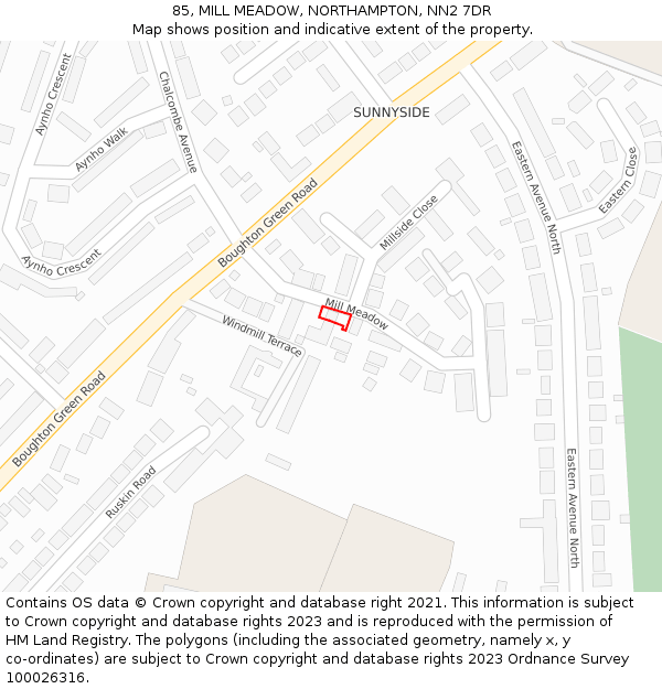 85, MILL MEADOW, NORTHAMPTON, NN2 7DR: Location map and indicative extent of plot