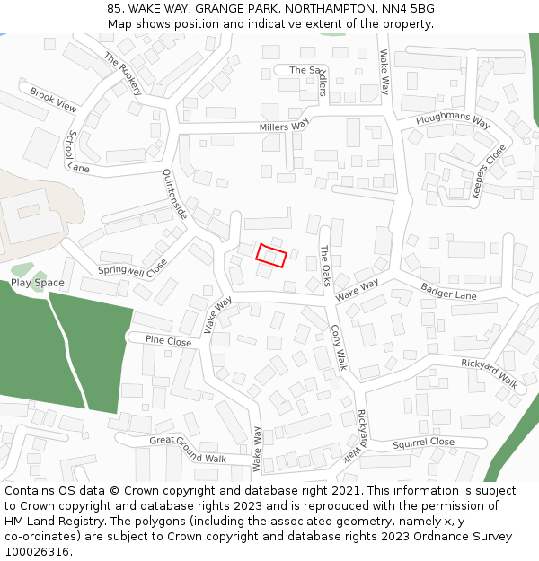 85, WAKE WAY, GRANGE PARK, NORTHAMPTON, NN4 5BG: Location map and indicative extent of plot