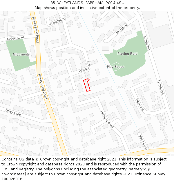 85, WHEATLANDS, FAREHAM, PO14 4SU: Location map and indicative extent of plot