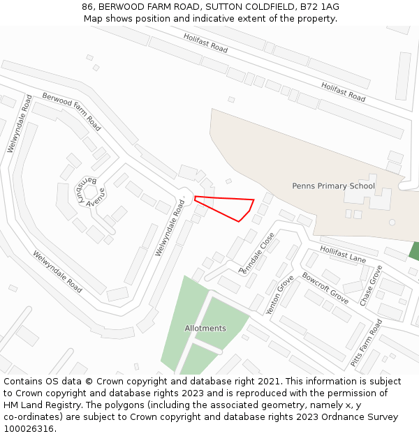 86, BERWOOD FARM ROAD, SUTTON COLDFIELD, B72 1AG: Location map and indicative extent of plot