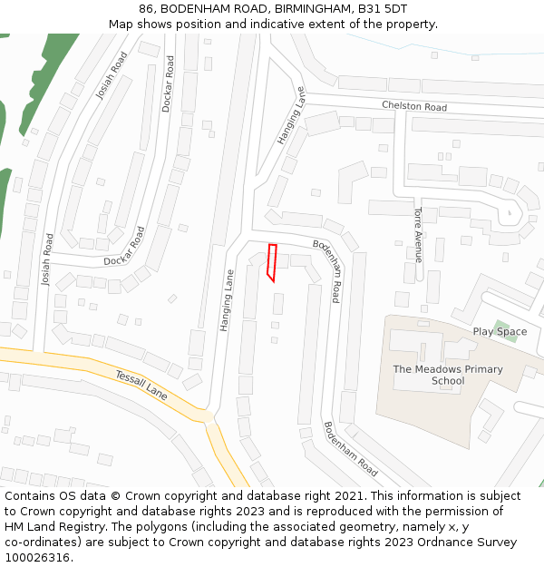 86, BODENHAM ROAD, BIRMINGHAM, B31 5DT: Location map and indicative extent of plot