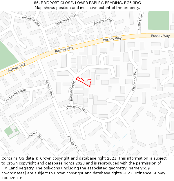 86, BRIDPORT CLOSE, LOWER EARLEY, READING, RG6 3DG: Location map and indicative extent of plot