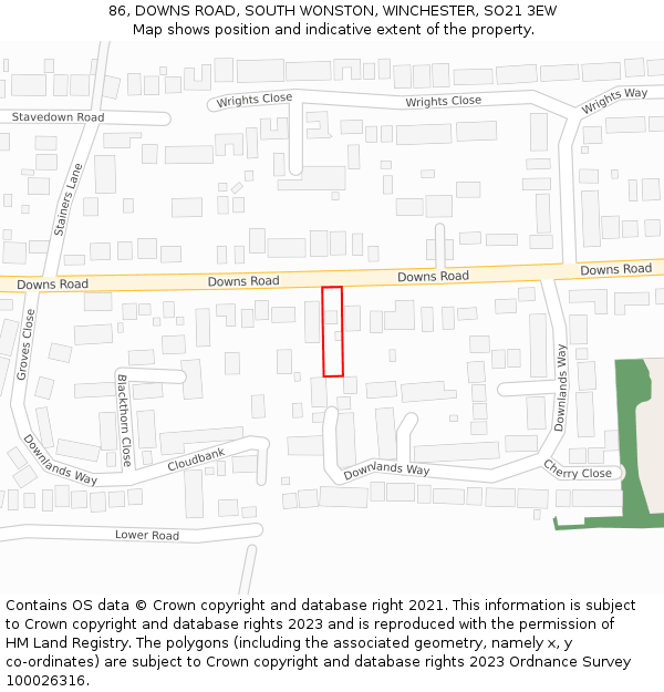 86, DOWNS ROAD, SOUTH WONSTON, WINCHESTER, SO21 3EW: Location map and indicative extent of plot